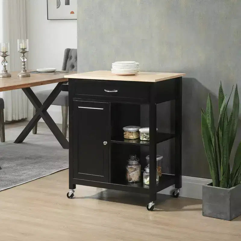 Desserte de cuisine roulante avec plateau en hévéa — Tiroir de rangement, 2 étagères, capacité de 80 kg