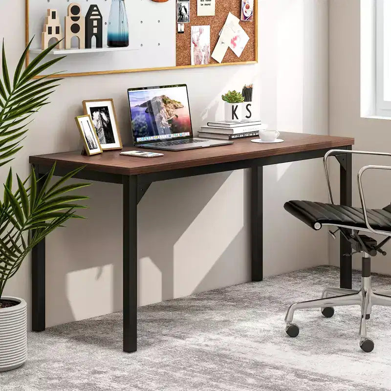 Table de conférence de 140 cm — Bureau d'étude informatique, piètement en métal, Acajou et Noir