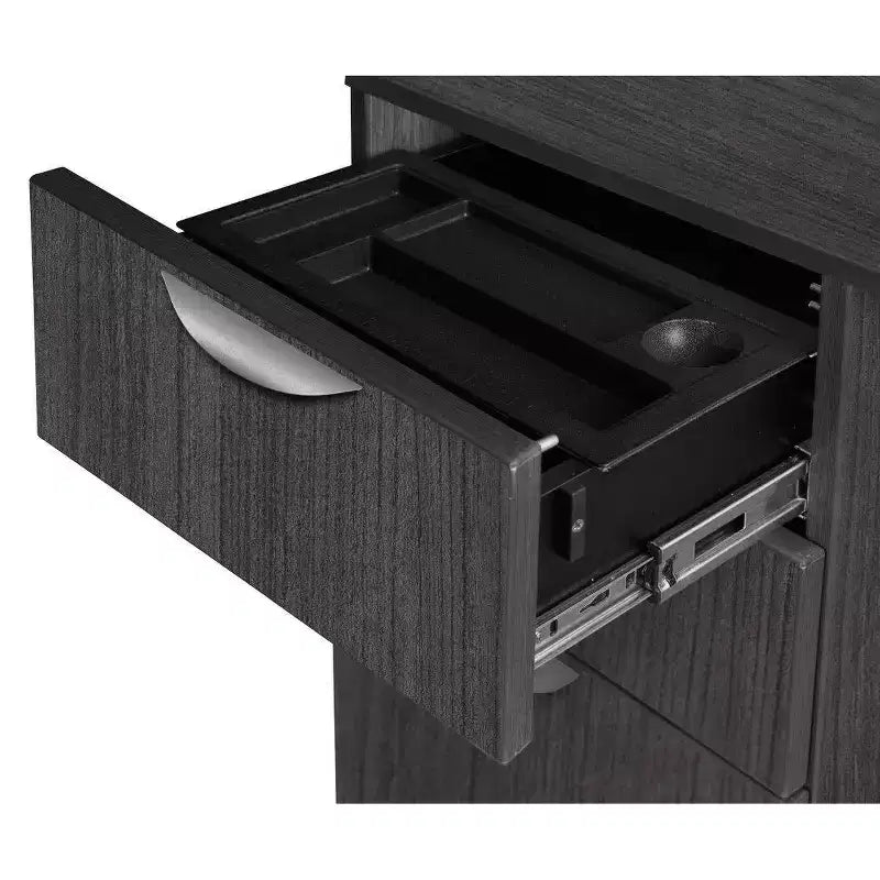 Bureau d'angle en L 152x165 cm avec double caisson à tiroirs – Gris frêne, verrouillable