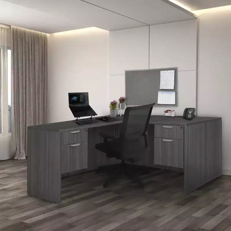 Bureau d'angle en L 152x165 cm avec double caisson à tiroirs – Gris frêne, verrouillable