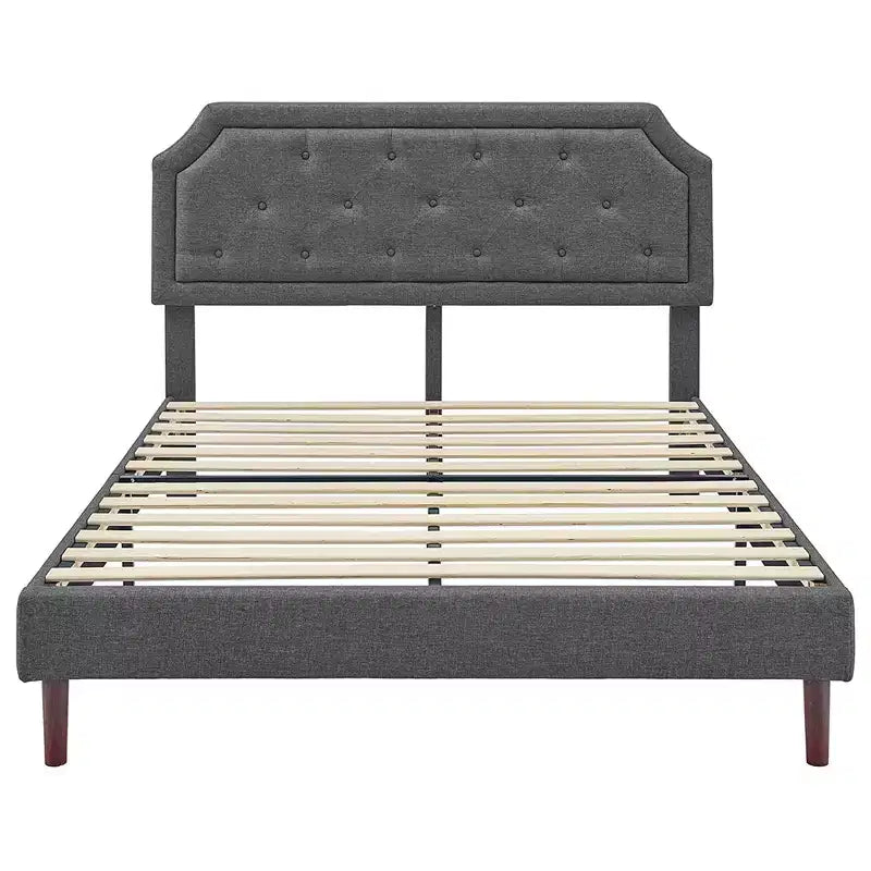 Lit plateforme rembourré Queen — Tête de lit capitonnée, Gris foncé, Aucun sommier tapissier requis