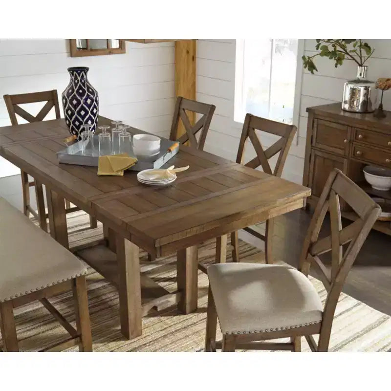 Table de salle à manger rectangulaire extensible Moriville — Bois brun rustique, jusqu'à 8 personnes